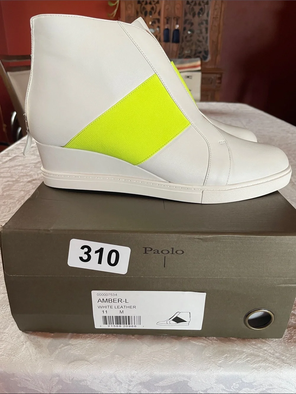 Paolo White Soft Calf Leather Ankle Boots with Neon Yellow Elastic Panels Sz 11M